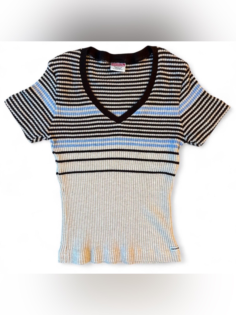 Vintage Unionbay Striped Ribbed V-Neck Knit Top Y2K Sz M
